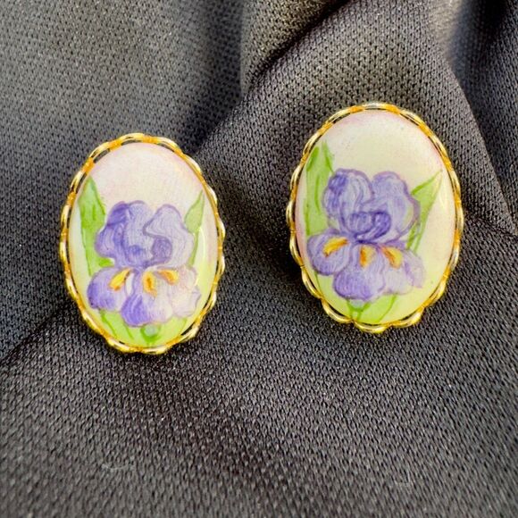 Vintage Handpainted Iris Earrings - Picture 1 of 5